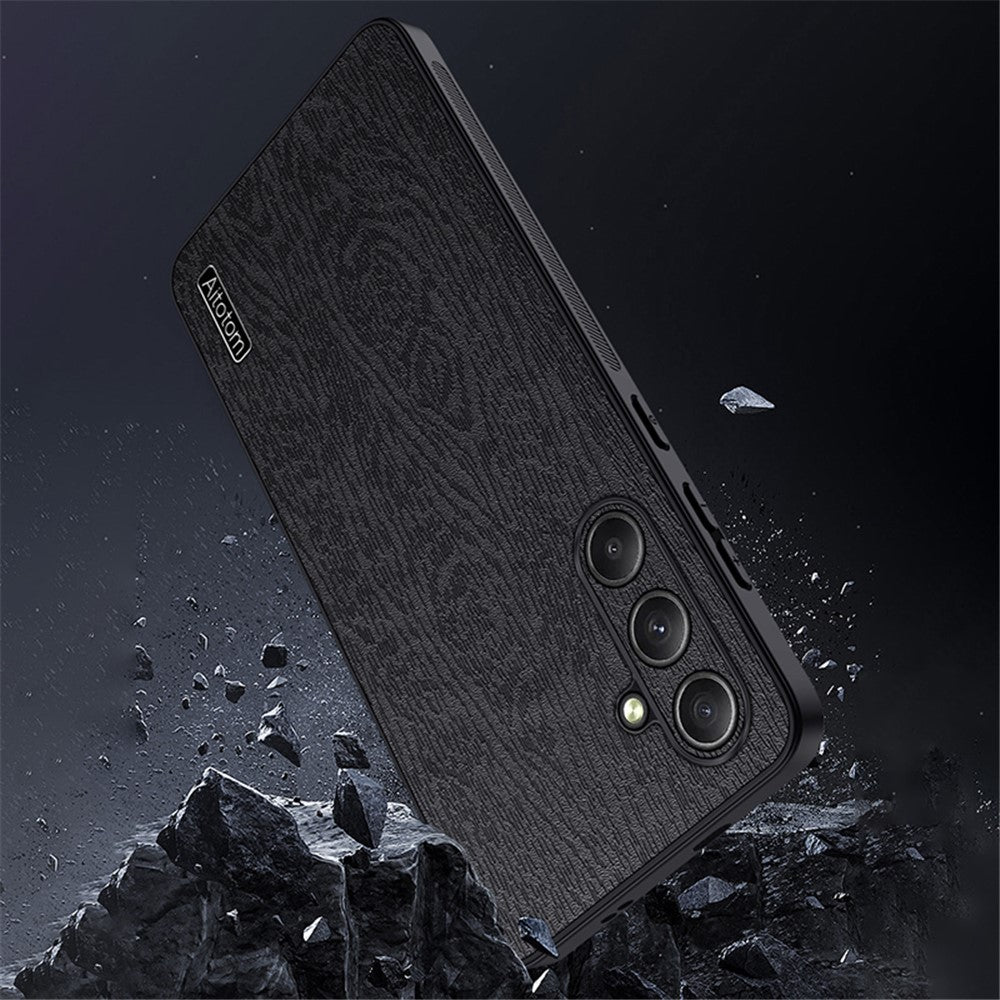 For Samsung Galaxy S24 FE Case Wood Grain PU Leather Coated PC+TPU Phone Cover