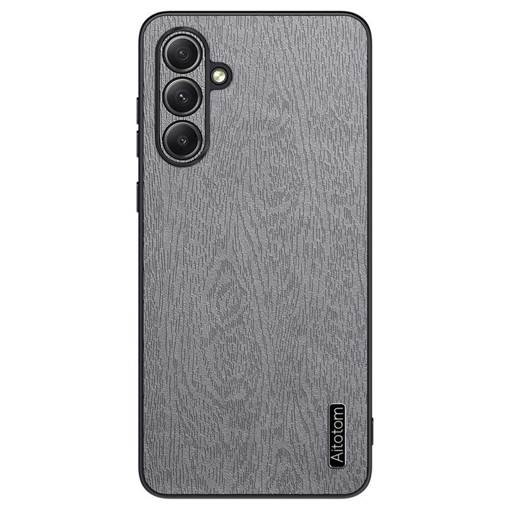 For Samsung Galaxy S24 FE Case Wood Grain PU Leather Coated PC+TPU Phone Cover