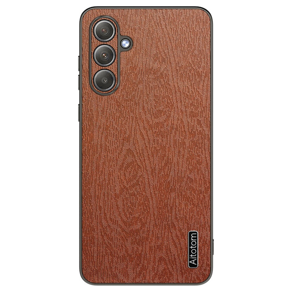 For Samsung Galaxy S24 FE Case Wood Grain PU Leather Coated PC+TPU Phone Cover