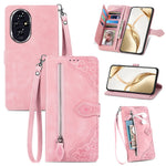For Honor 200 5G Zipper Wallet Case with Strap Flower Imprint PU Leather Phone Cover
