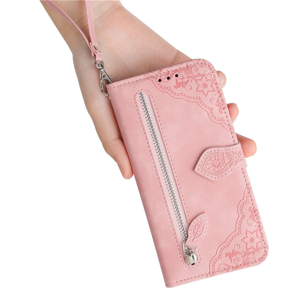 For Honor 200 5G Zipper Wallet Case with Strap Flower Imprint PU Leather Phone Cover