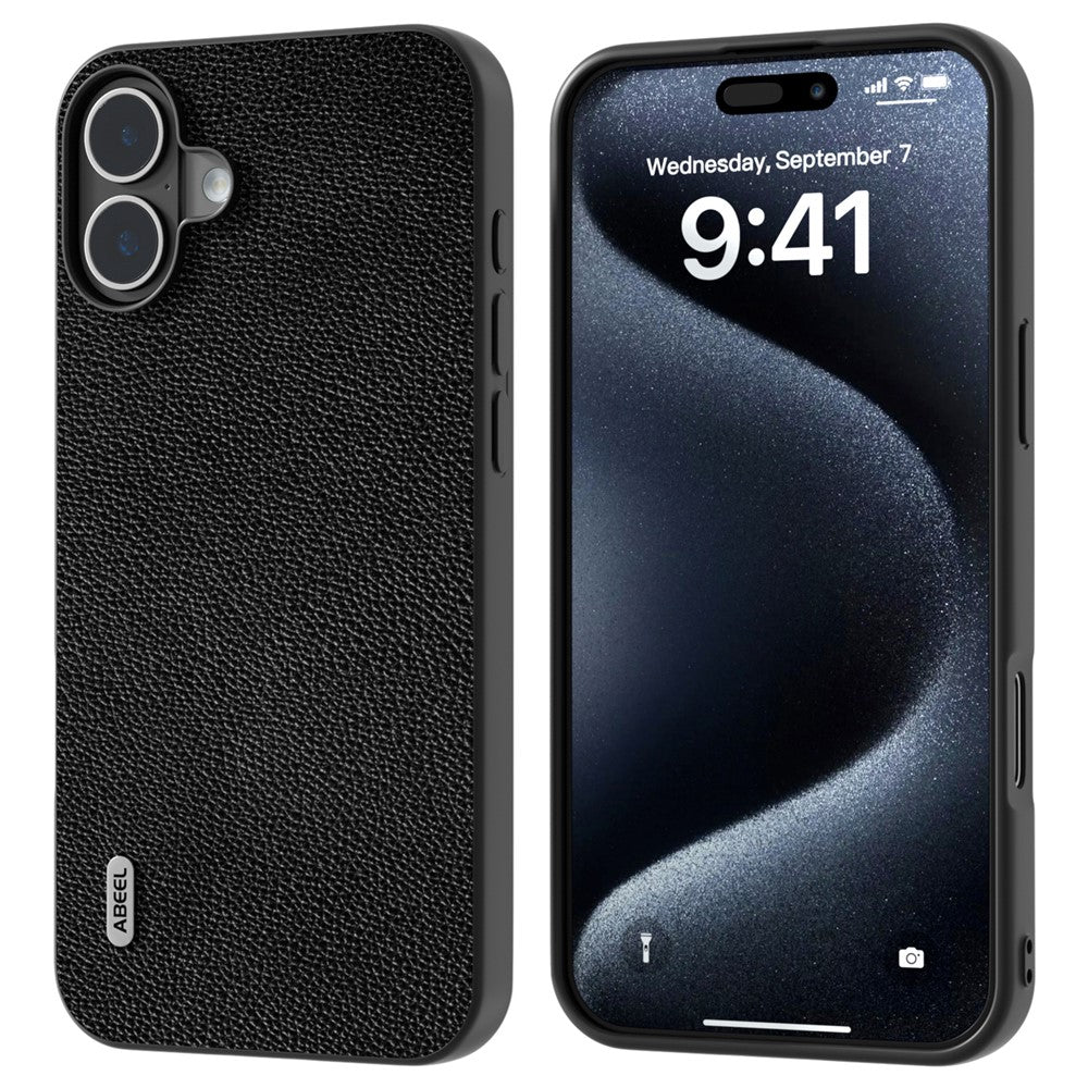 ABEEL For iPhone 16 Case Litchi Texture Genuine Cow Leather Hybrid Phone Cover