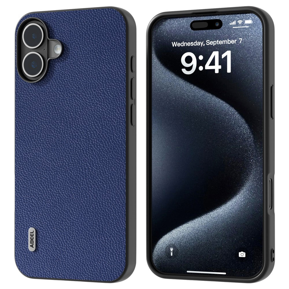 ABEEL For iPhone 16 Case Litchi Texture Genuine Cow Leather Hybrid Phone Cover