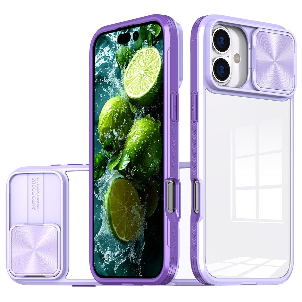 For iPhone 16 Plus Clear Case CD-Veins Camera Lens Sliding Lid TPU+PC Phone Cover