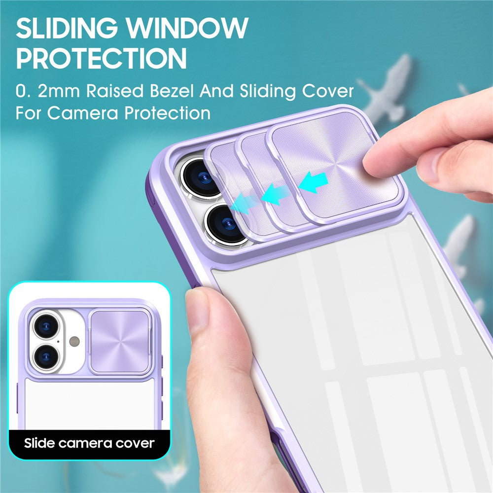 For iPhone 16 Plus Clear Case CD-Veins Camera Lens Sliding Lid TPU+PC Phone Cover
