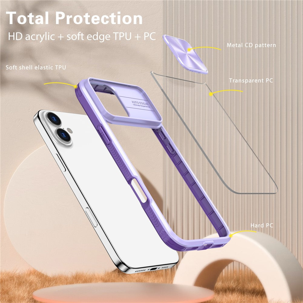 For iPhone 16 Plus Clear Case CD-Veins Camera Lens Sliding Lid TPU+PC Phone Cover