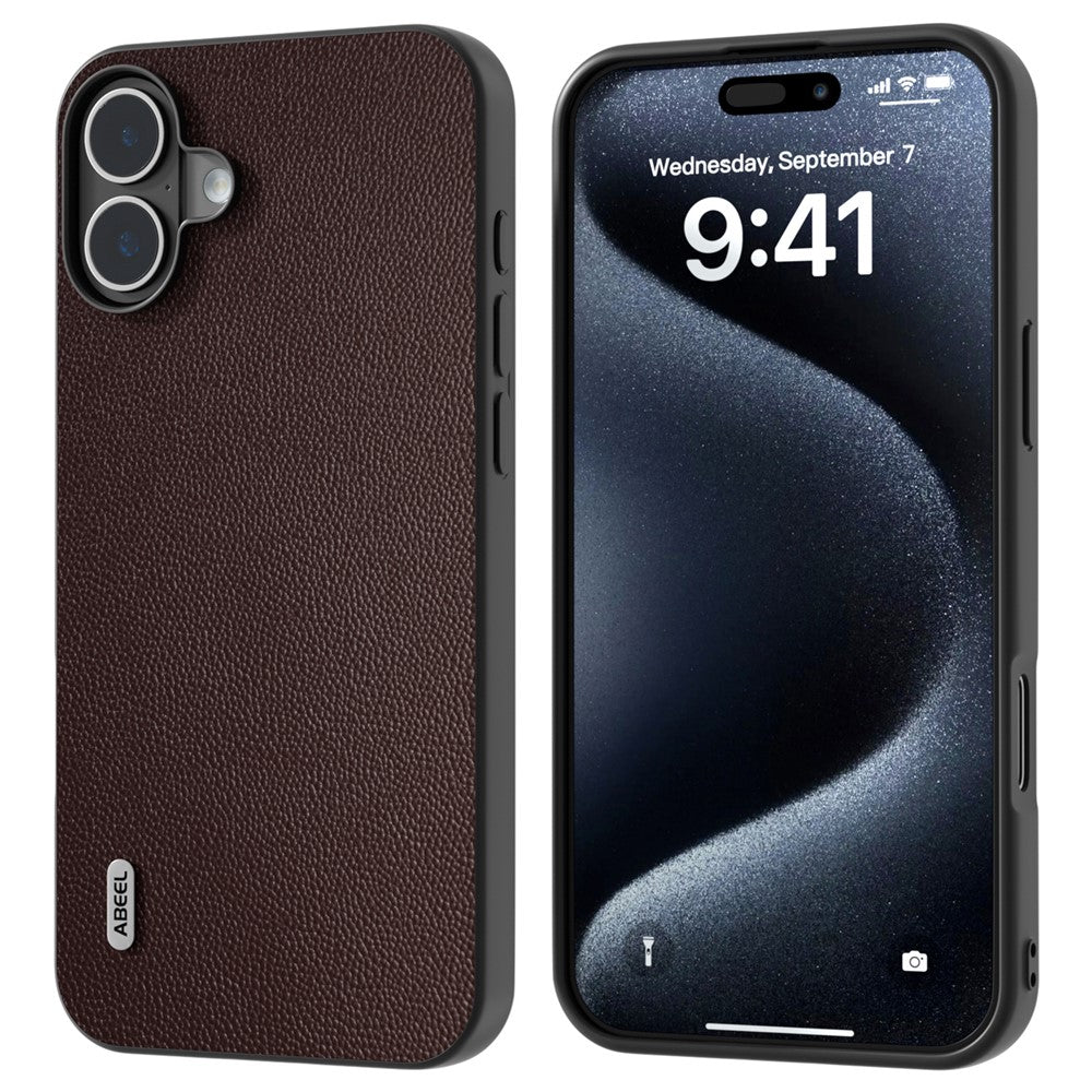 ABEEL For iPhone 16 Case Genuine Cow Leather Coated PC+TPU Non-Slip Phone Cover