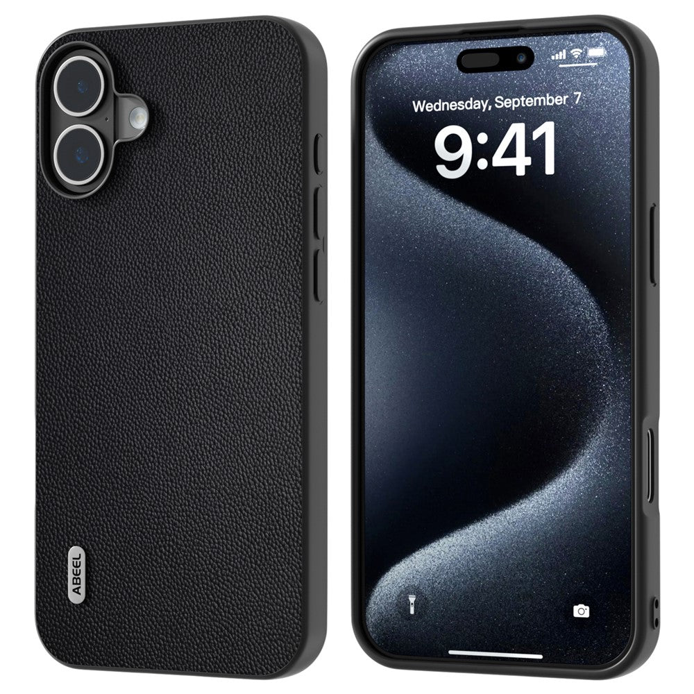 ABEEL For iPhone 16 Case Genuine Cow Leather Coated PC+TPU Non-Slip Phone Cover