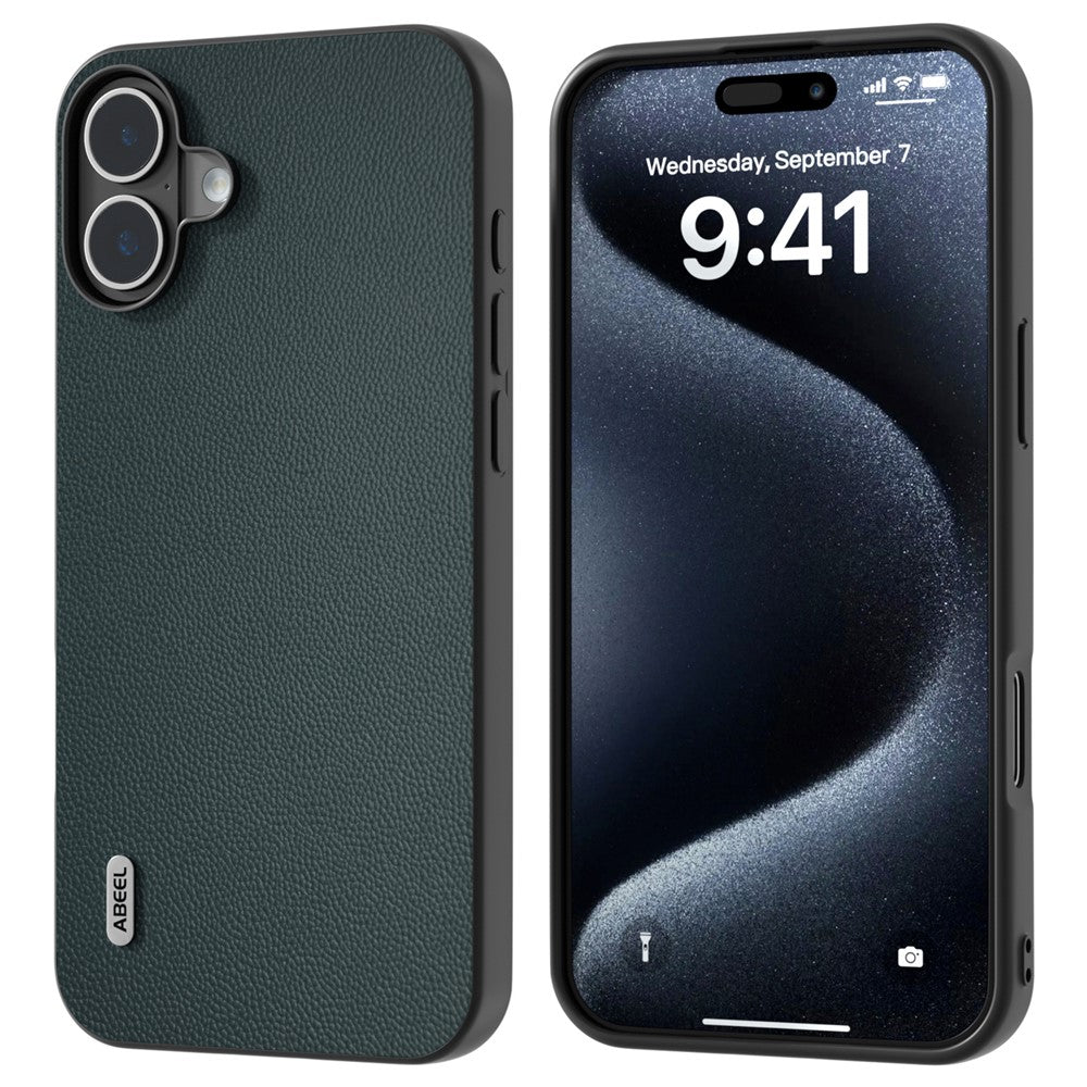 ABEEL For iPhone 16 Case Genuine Cow Leather Coated PC+TPU Non-Slip Phone Cover