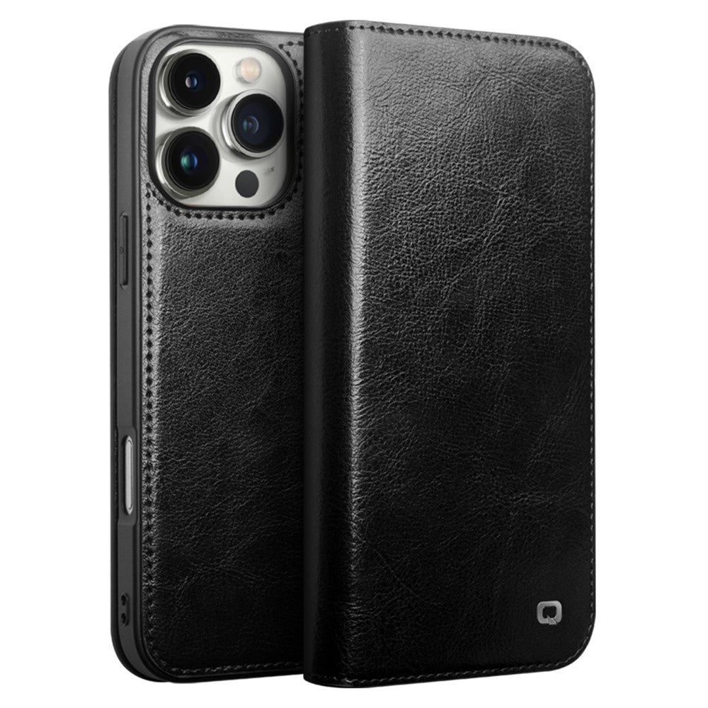 QIALINO For iPhone 16 Pro Max Case Genuine Cow Leather Card Slots Phone Cover