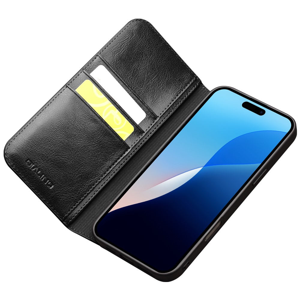 QIALINO For iPhone 16 Pro Max Case Genuine Cow Leather Card Slots Phone Cover