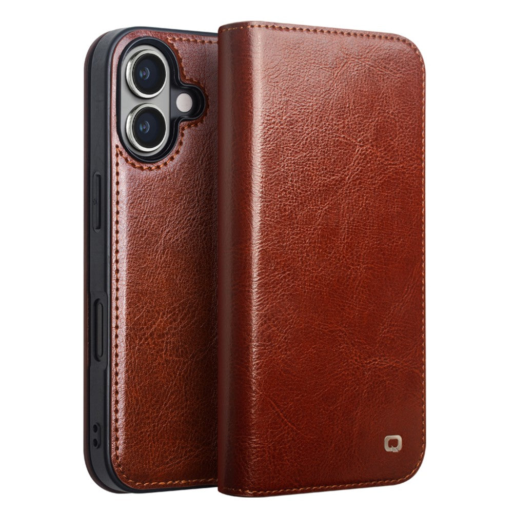 QIALINO For iPhone 16 Plus Case Card Holder Genuine Cow Leather Stand Phone Cover