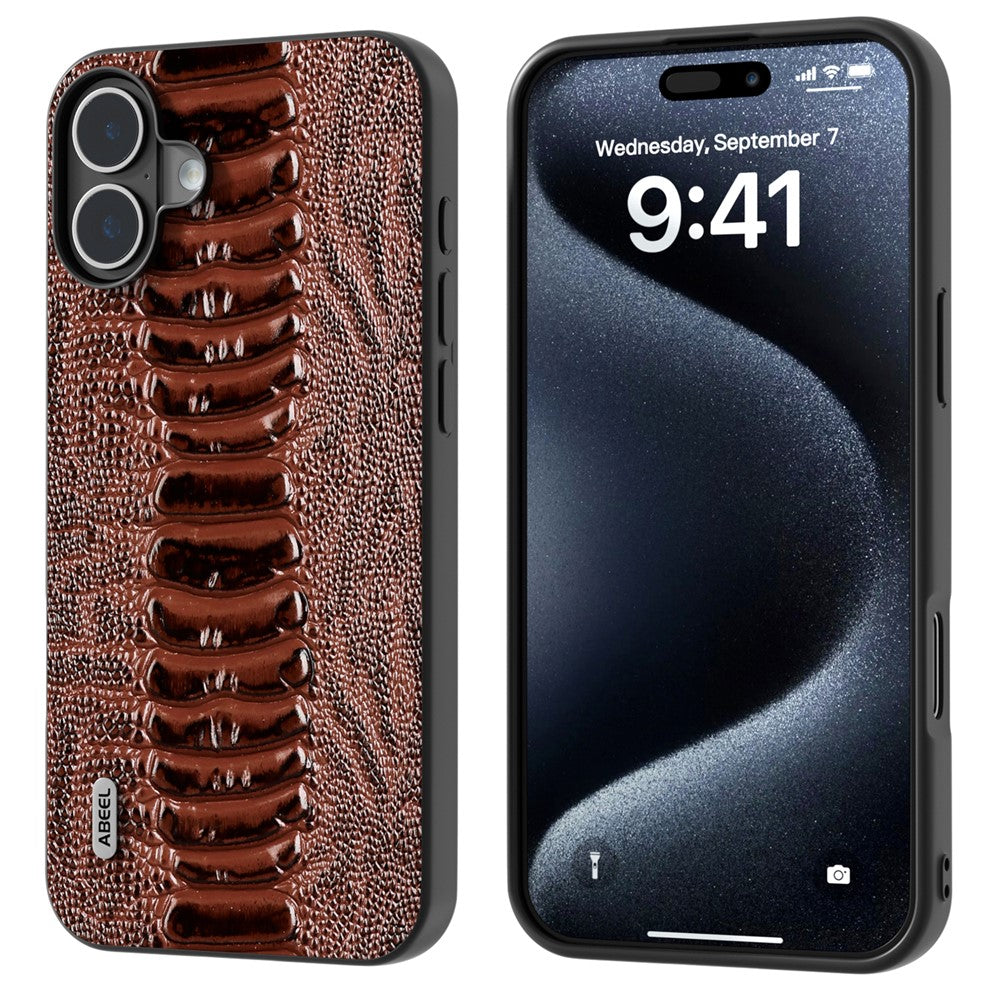 ABEEL For iPhone 16 Case Crocodile Texture Genuine Cow Leather Coated Phone Cover