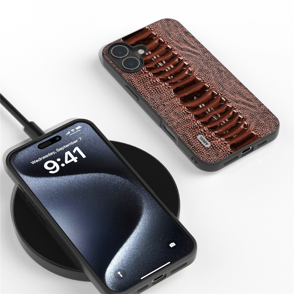 ABEEL For iPhone 16 Case Crocodile Texture Genuine Cow Leather Coated Phone Cover