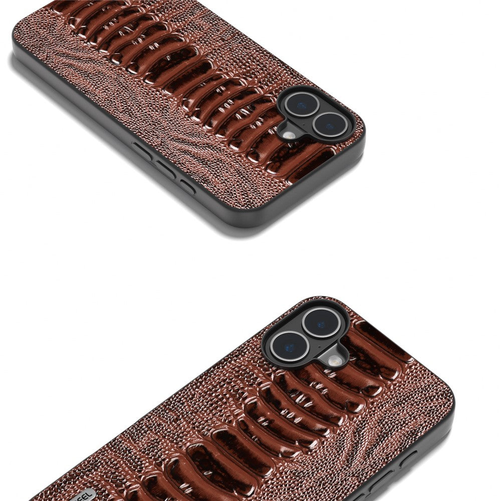 ABEEL For iPhone 16 Case Crocodile Texture Genuine Cow Leather Coated Phone Cover