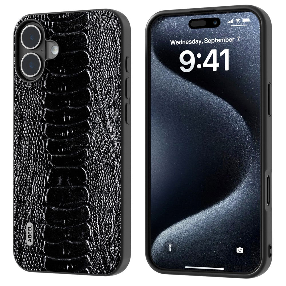 ABEEL For iPhone 16 Case Crocodile Texture Genuine Cow Leather Coated Phone Cover