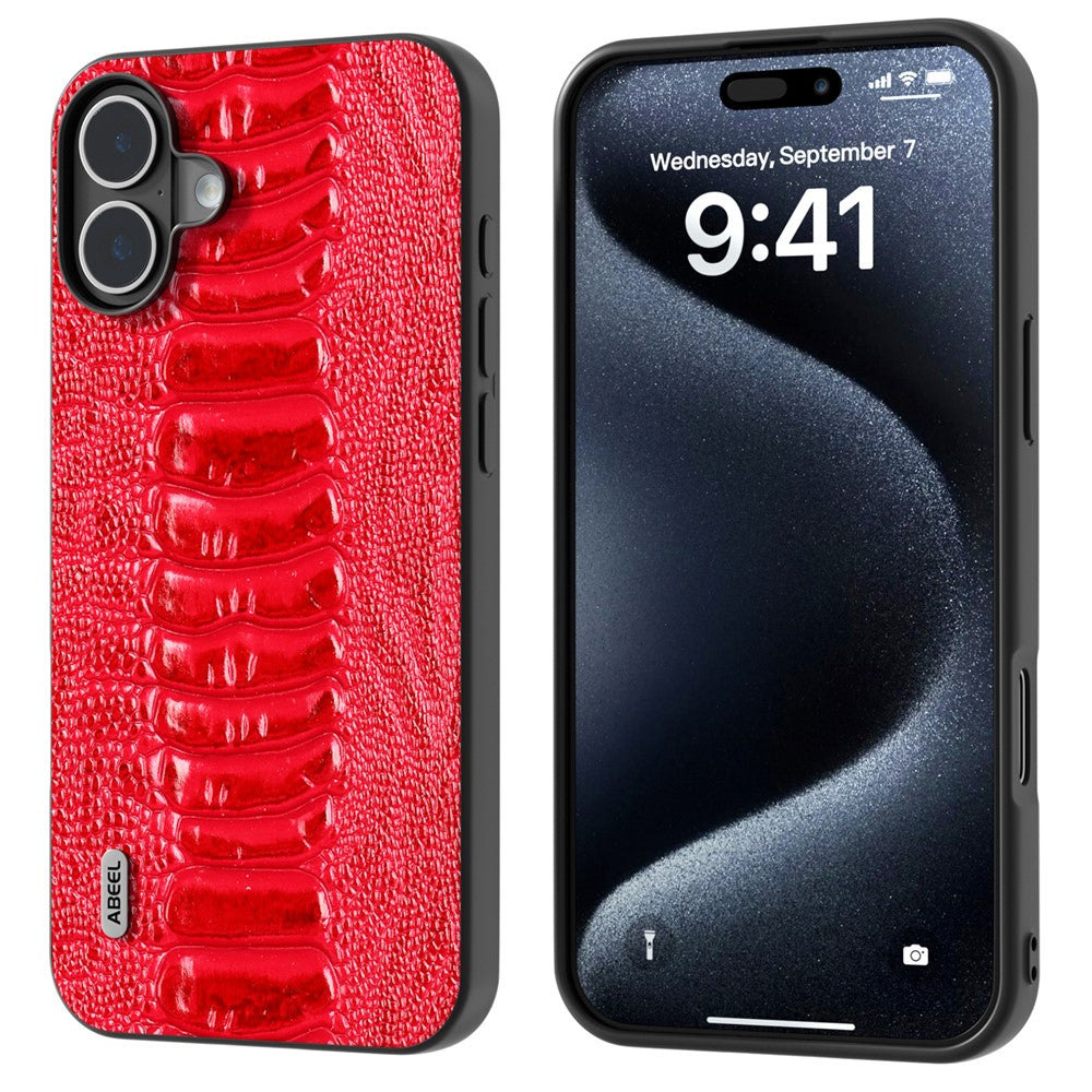 ABEEL For iPhone 16 Case Crocodile Texture Genuine Cow Leather Coated Phone Cover
