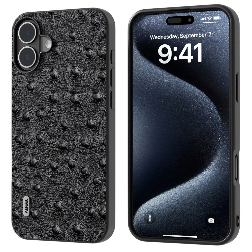 ABEEL For iPhone 16 Case Genuine Cow Leather+PC+TPU Phone Cover Ostrich Texture