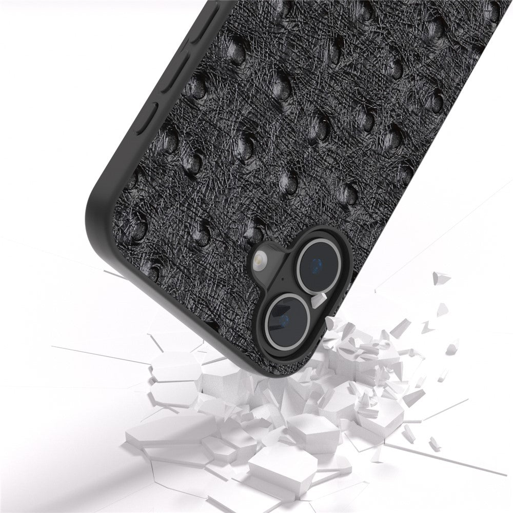 ABEEL For iPhone 16 Case Genuine Cow Leather+PC+TPU Phone Cover Ostrich Texture