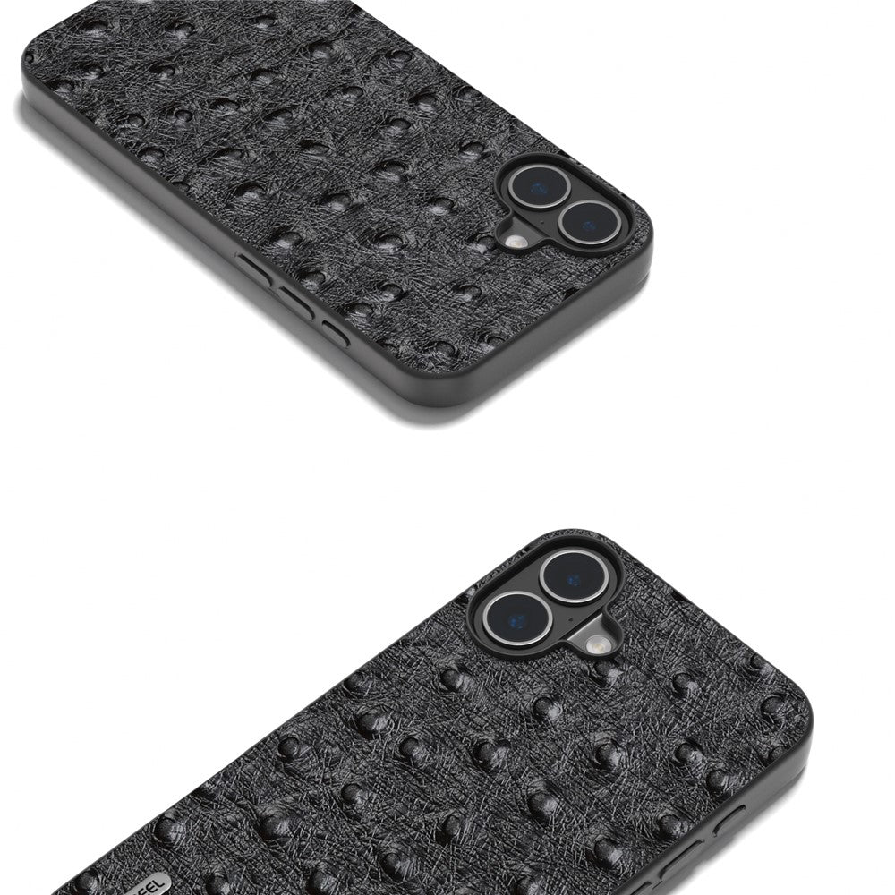ABEEL For iPhone 16 Case Genuine Cow Leather+PC+TPU Phone Cover Ostrich Texture