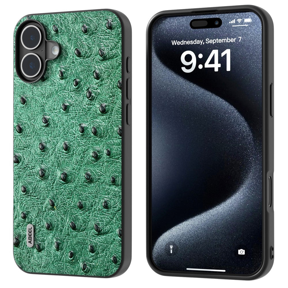 ABEEL For iPhone 16 Case Genuine Cow Leather+PC+TPU Phone Cover Ostrich Texture