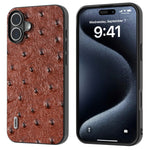 ABEEL For iPhone 16 Case Genuine Cow Leather+PC+TPU Phone Cover Ostrich Texture