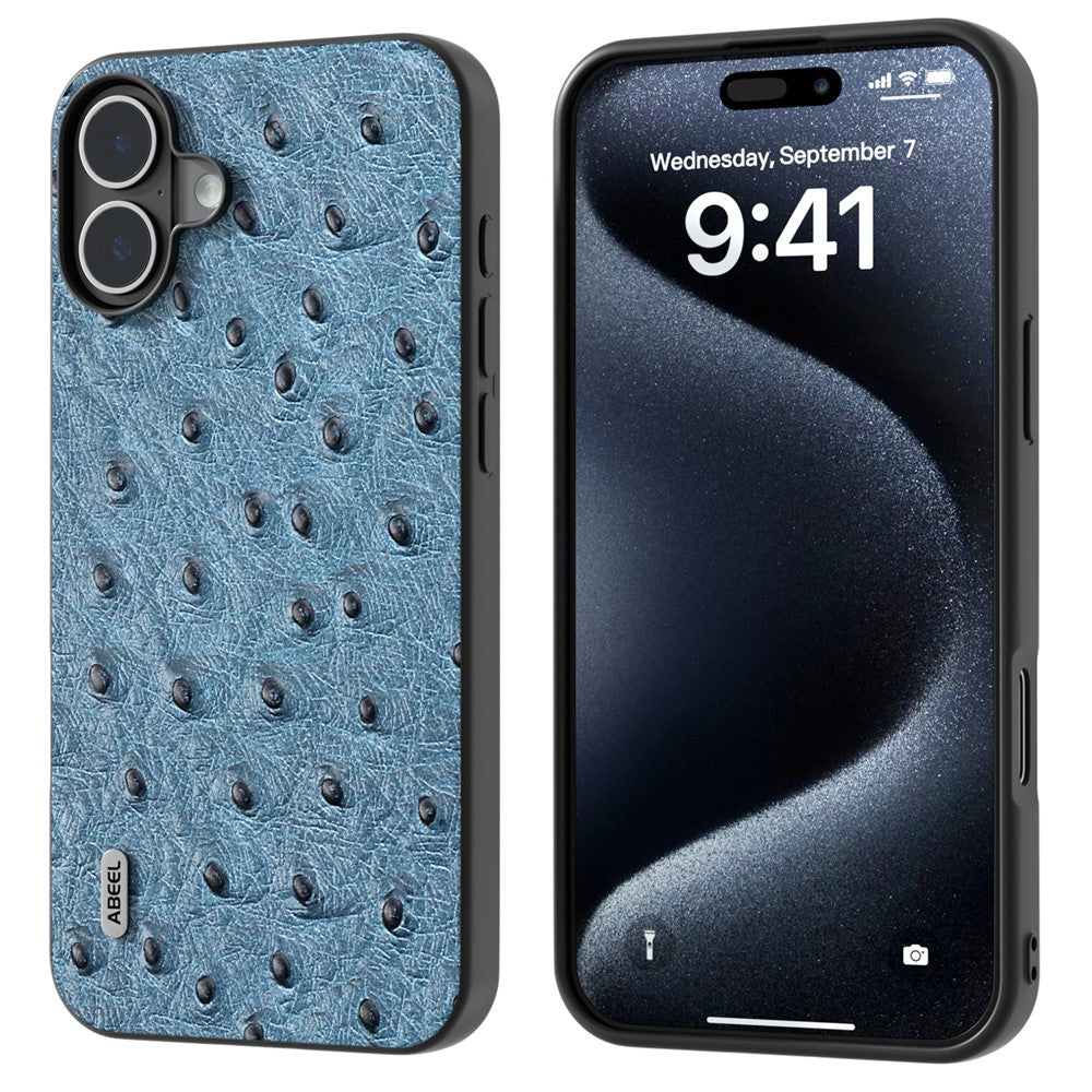 ABEEL For iPhone 16 Case Genuine Cow Leather+PC+TPU Phone Cover Ostrich Texture