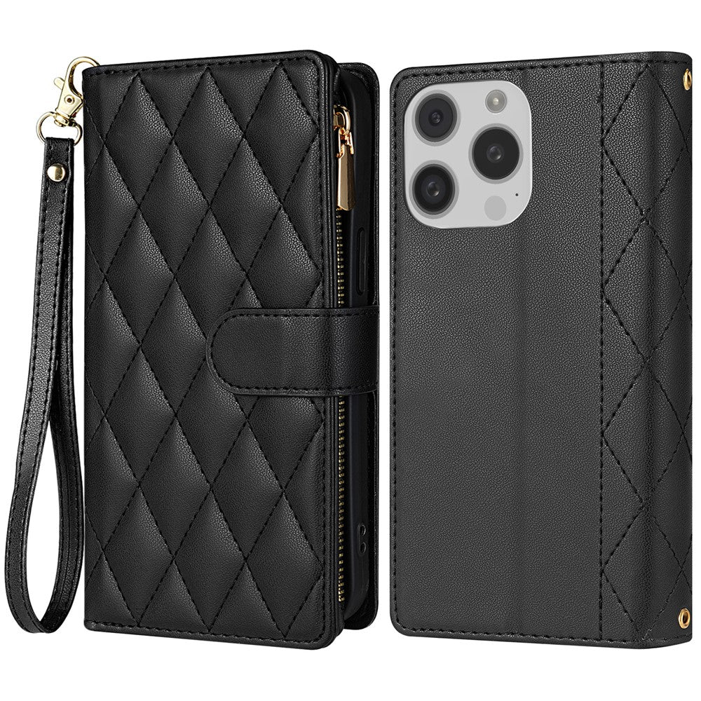 CSJ-P2 For iPhone 16 Pro Max Wallet Phone Case Stitching Leather Flip Cover with Straps