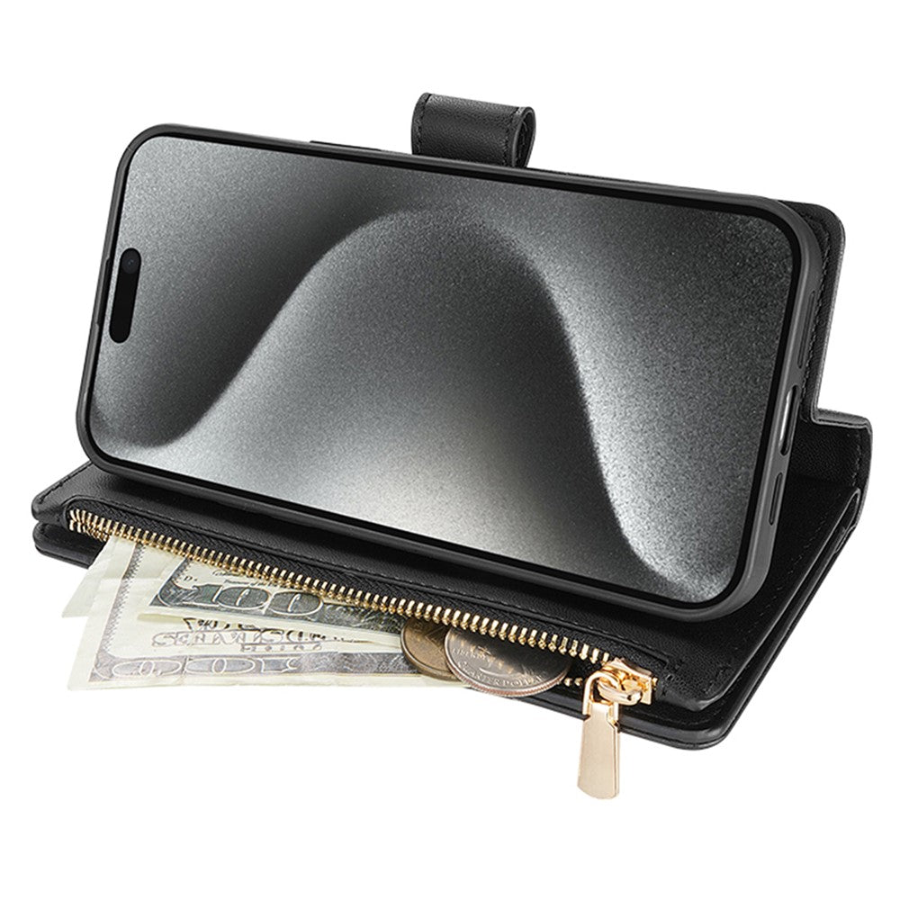 CSJ-P2 For iPhone 16 Pro Max Wallet Phone Case Stitching Leather Flip Cover with Straps
