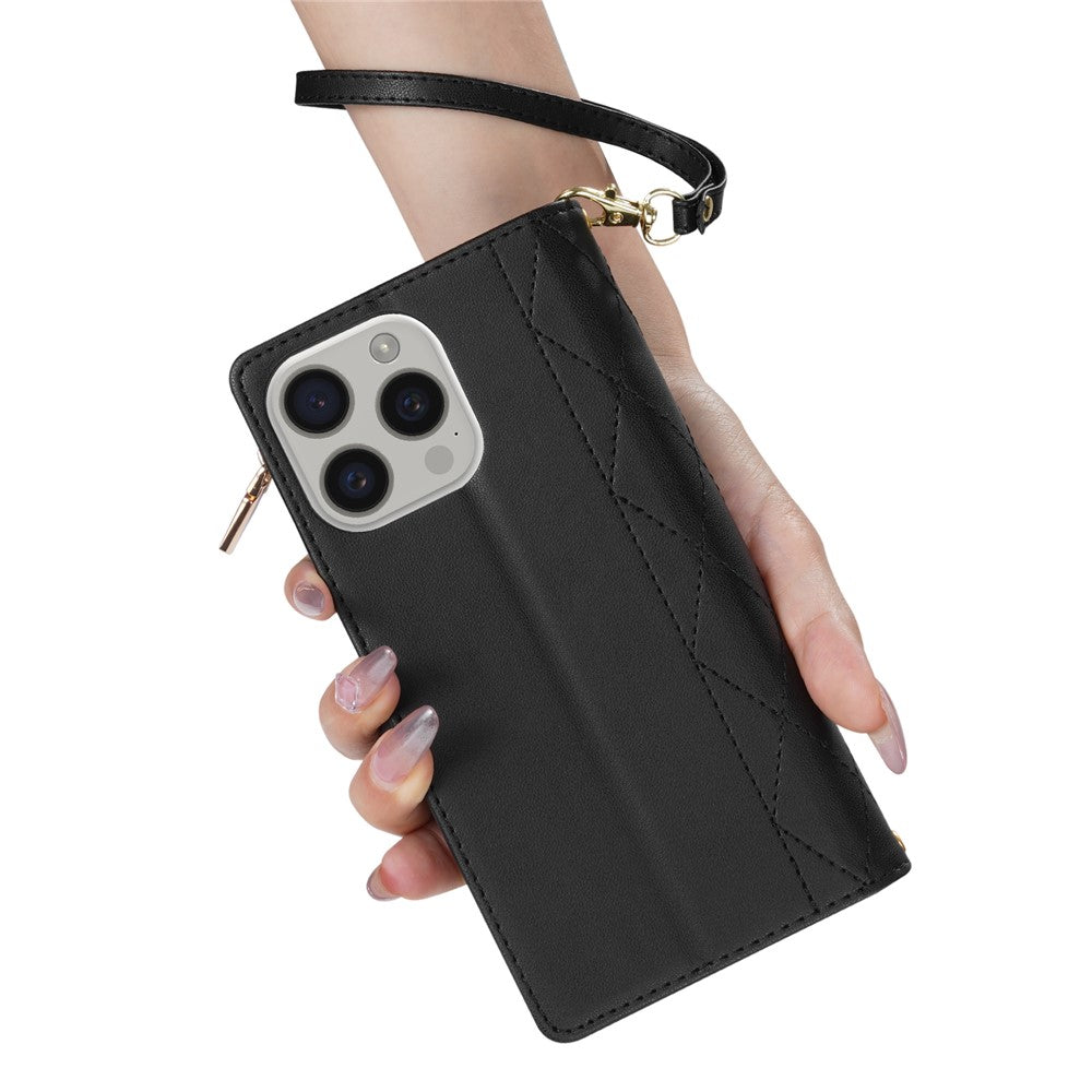 CSJ-P2 For iPhone 16 Pro Max Wallet Phone Case Stitching Leather Flip Cover with Straps