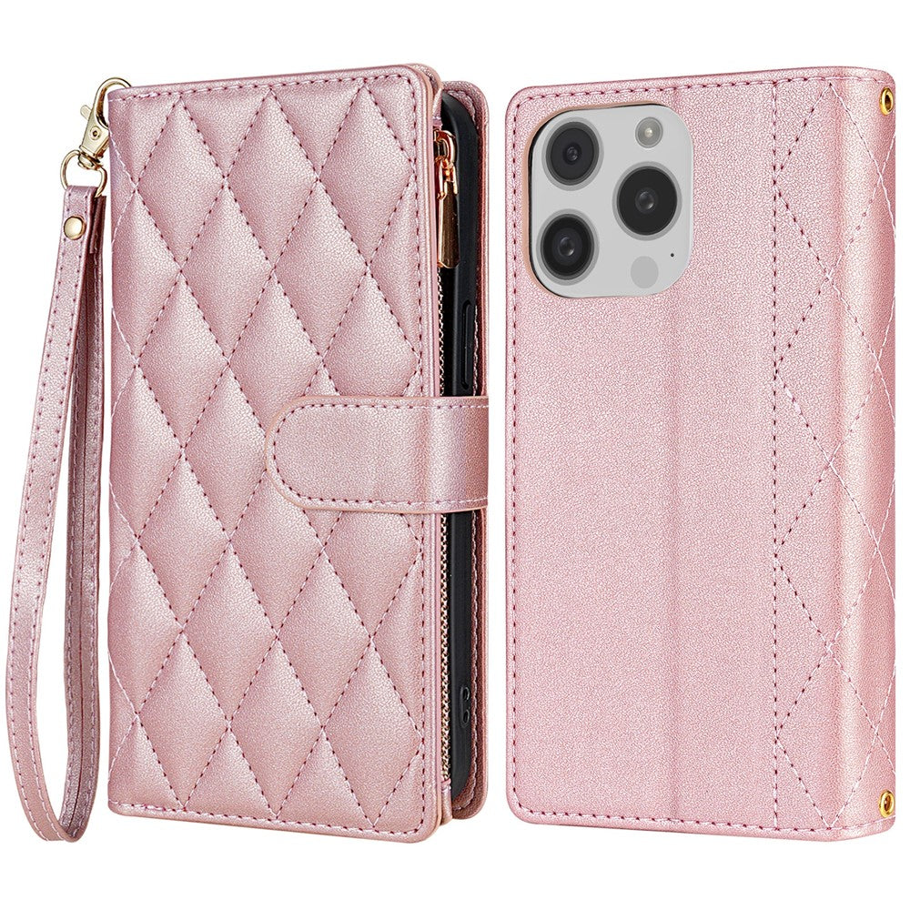 CSJ-P2 For iPhone 16 Pro Max Wallet Phone Case Stitching Leather Flip Cover with Straps