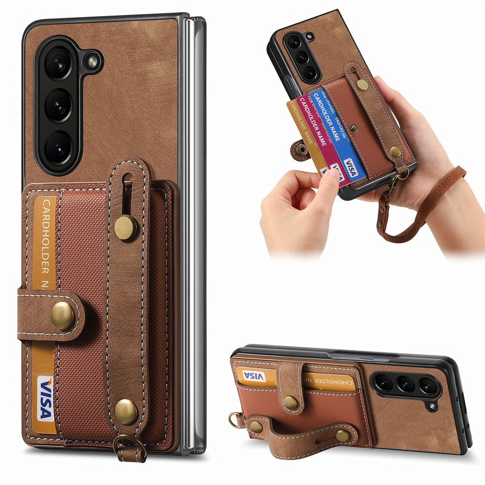 For Samsung Galaxy Z Fold6 5G Case Card Holder Wristband Leather+PC Cover with Strap