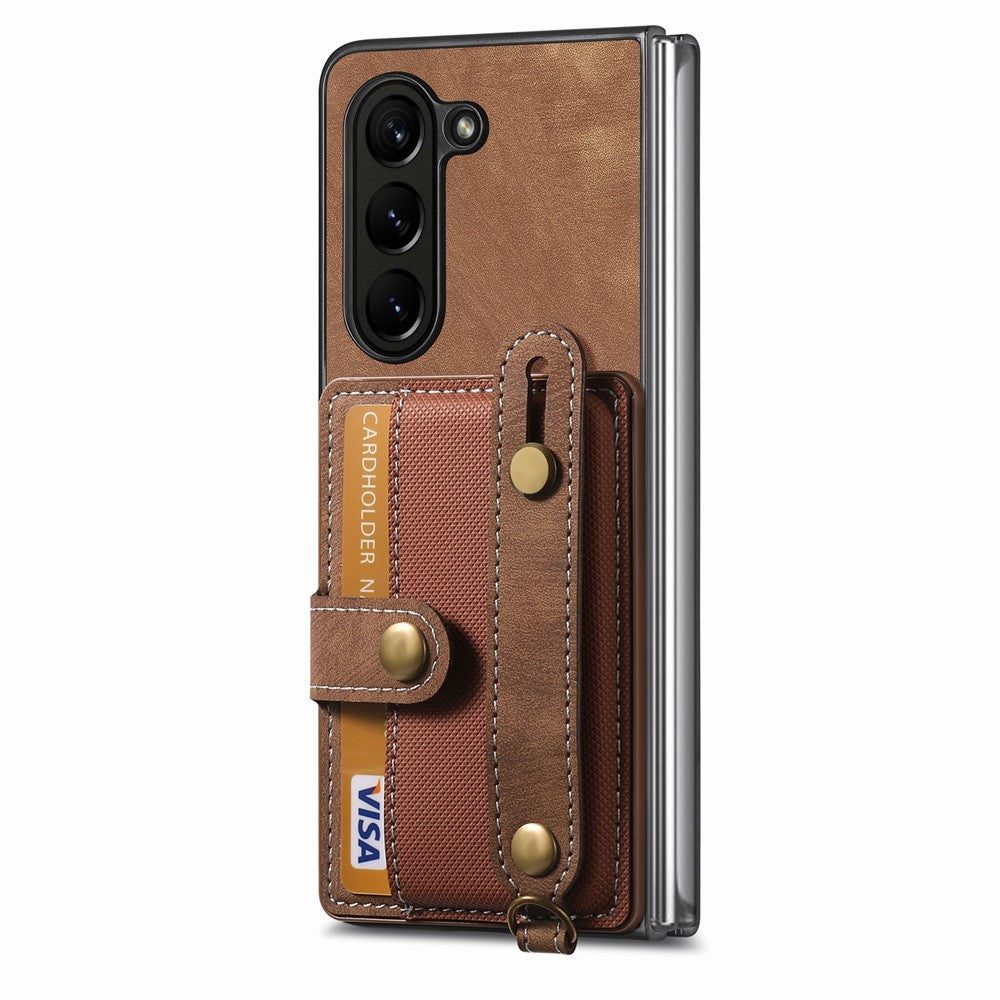 For Samsung Galaxy Z Fold6 5G Case Card Holder Wristband Leather+PC Cover with Strap