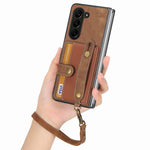 For Samsung Galaxy Z Fold6 5G Case Card Holder Wristband Leather+PC Cover with Strap