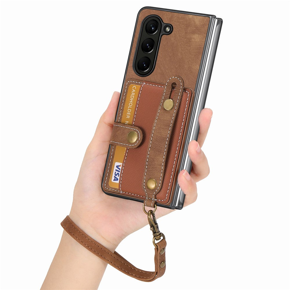 For Samsung Galaxy Z Fold6 5G Case Card Holder Wristband Leather+PC Cover with Strap