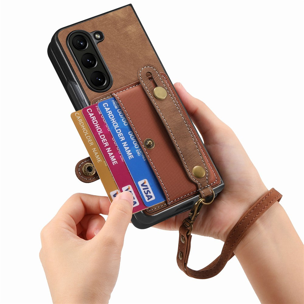 For Samsung Galaxy Z Fold6 5G Case Card Holder Wristband Leather+PC Cover with Strap
