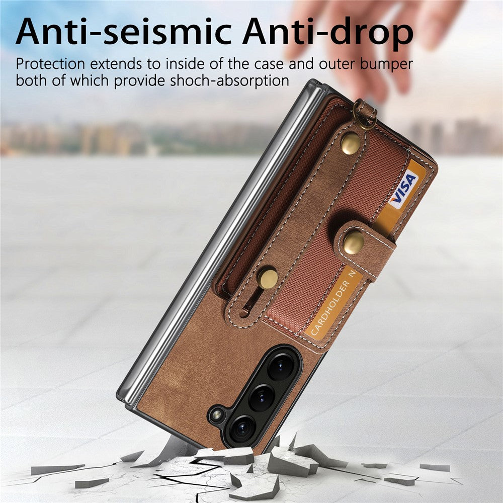 For Samsung Galaxy Z Fold6 5G Case Card Holder Wristband Leather+PC Cover with Strap
