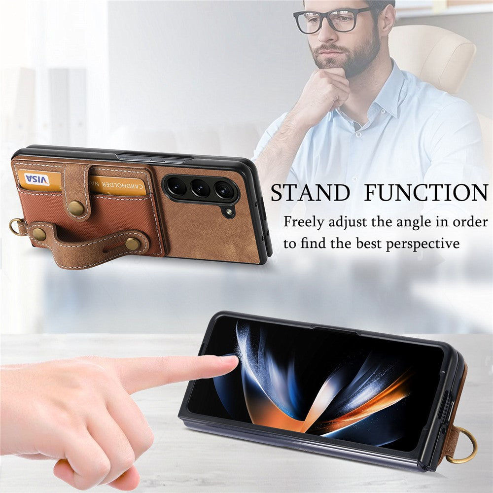 For Samsung Galaxy Z Fold6 5G Case Card Holder Wristband Leather+PC Cover with Strap