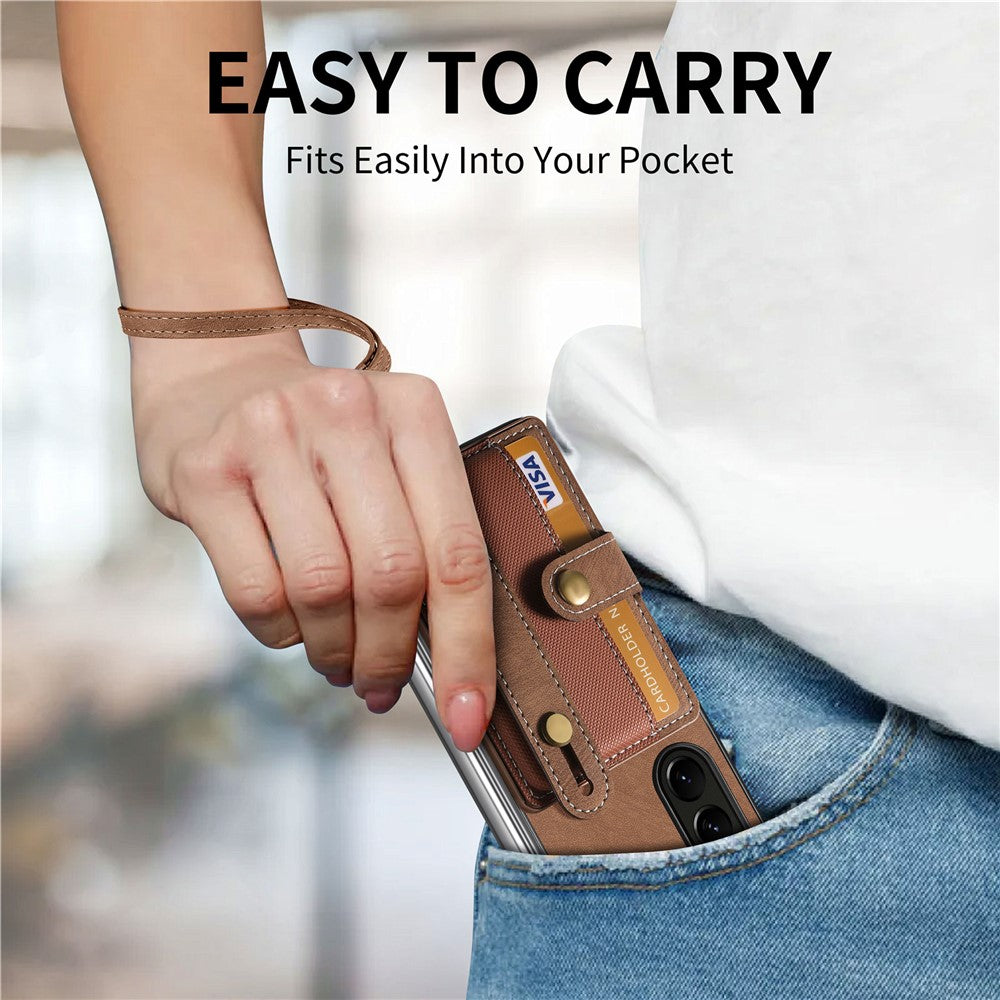 For Samsung Galaxy Z Fold6 5G Case Card Holder Wristband Leather+PC Cover with Strap