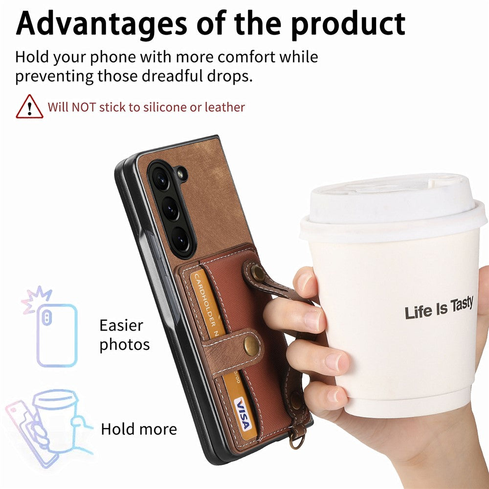 For Samsung Galaxy Z Fold6 5G Case Card Holder Wristband Leather+PC Cover with Strap