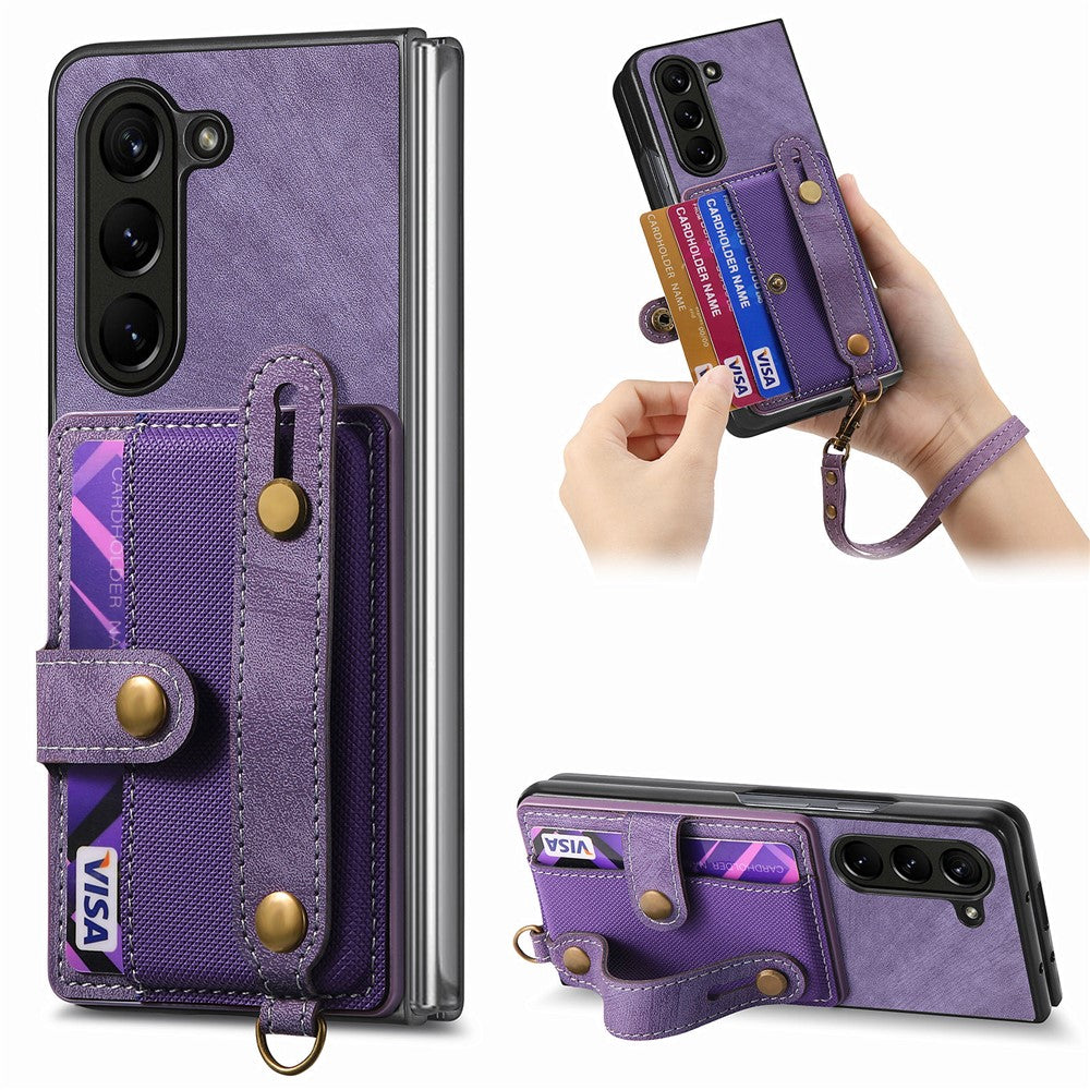 For Samsung Galaxy Z Fold6 5G Case Card Holder Wristband Leather+PC Cover with Strap
