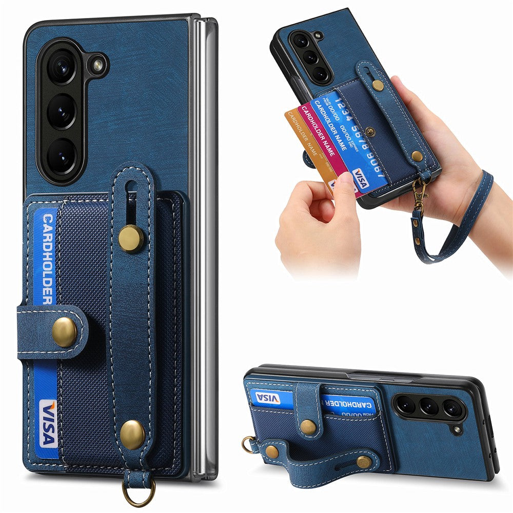 For Samsung Galaxy Z Fold6 5G Case Card Holder Wristband Leather+PC Cover with Strap