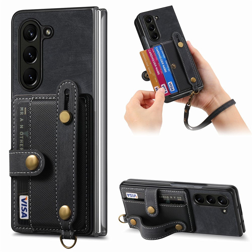 For Samsung Galaxy Z Fold6 5G Case Card Holder Wristband Leather+PC Cover with Strap