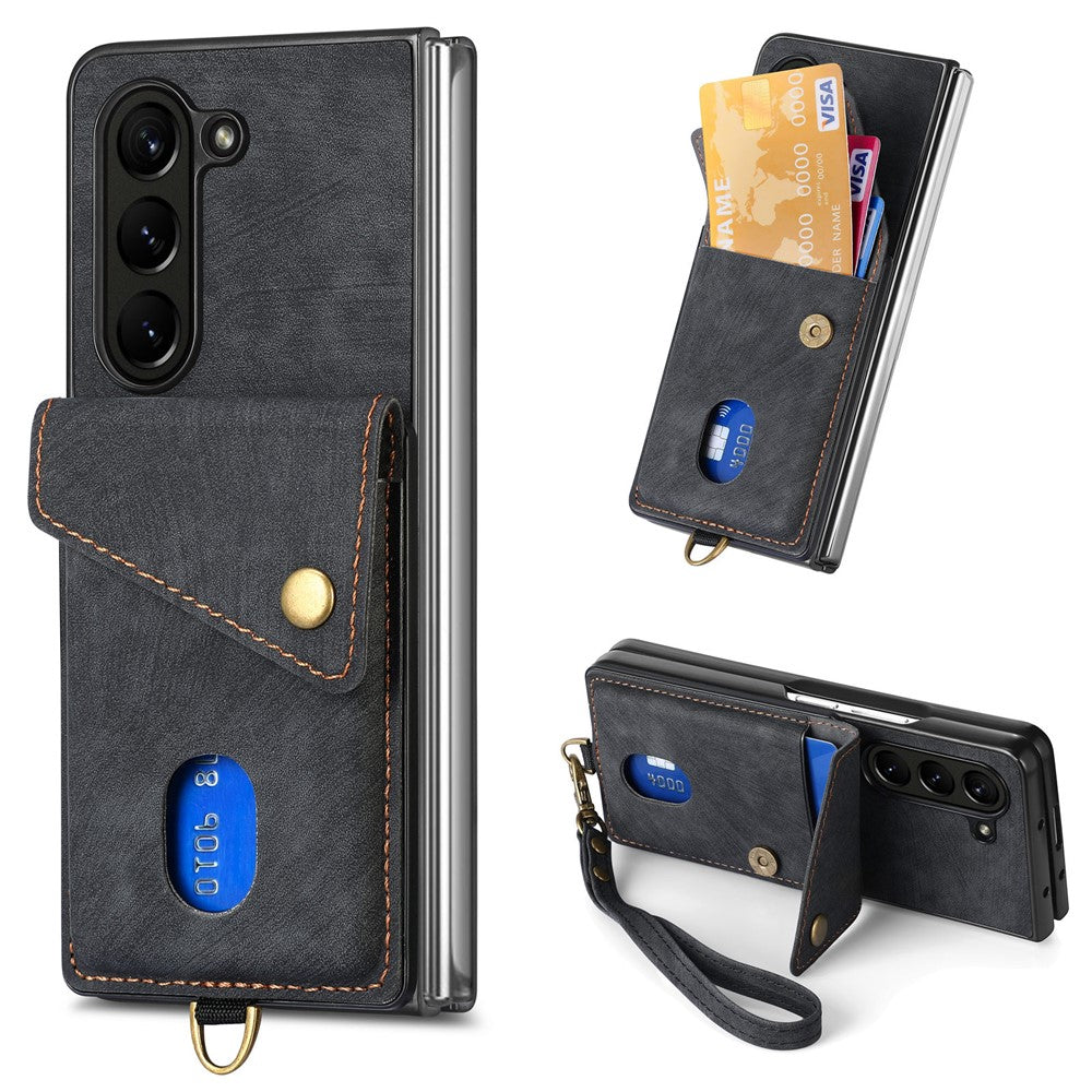 Til Samsung Galaxy Z Fold6 5G Etui Kickstand Korttaske Læder+PC Telefoncover med Rem