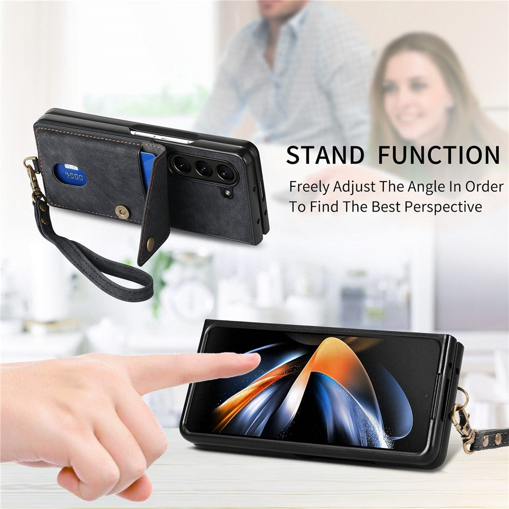 Til Samsung Galaxy Z Fold6 5G Etui Kickstand Korttaske Læder+PC Telefoncover med Rem