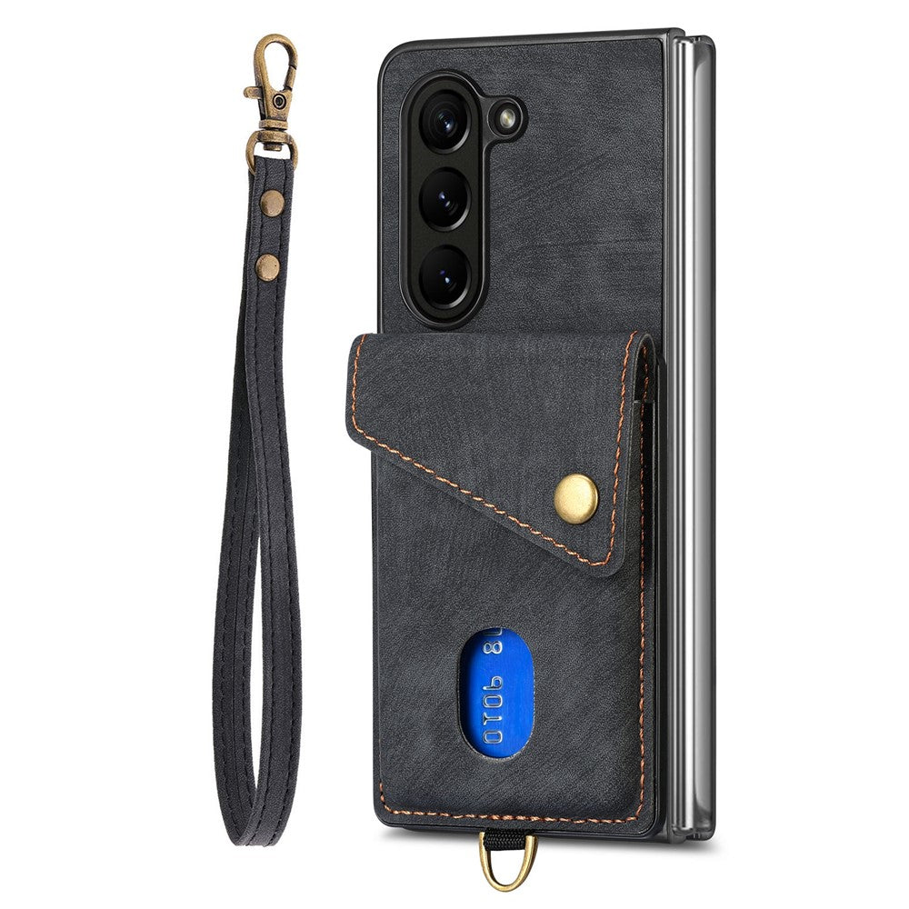 Til Samsung Galaxy Z Fold6 5G Etui Kickstand Korttaske Læder+PC Telefoncover med Rem