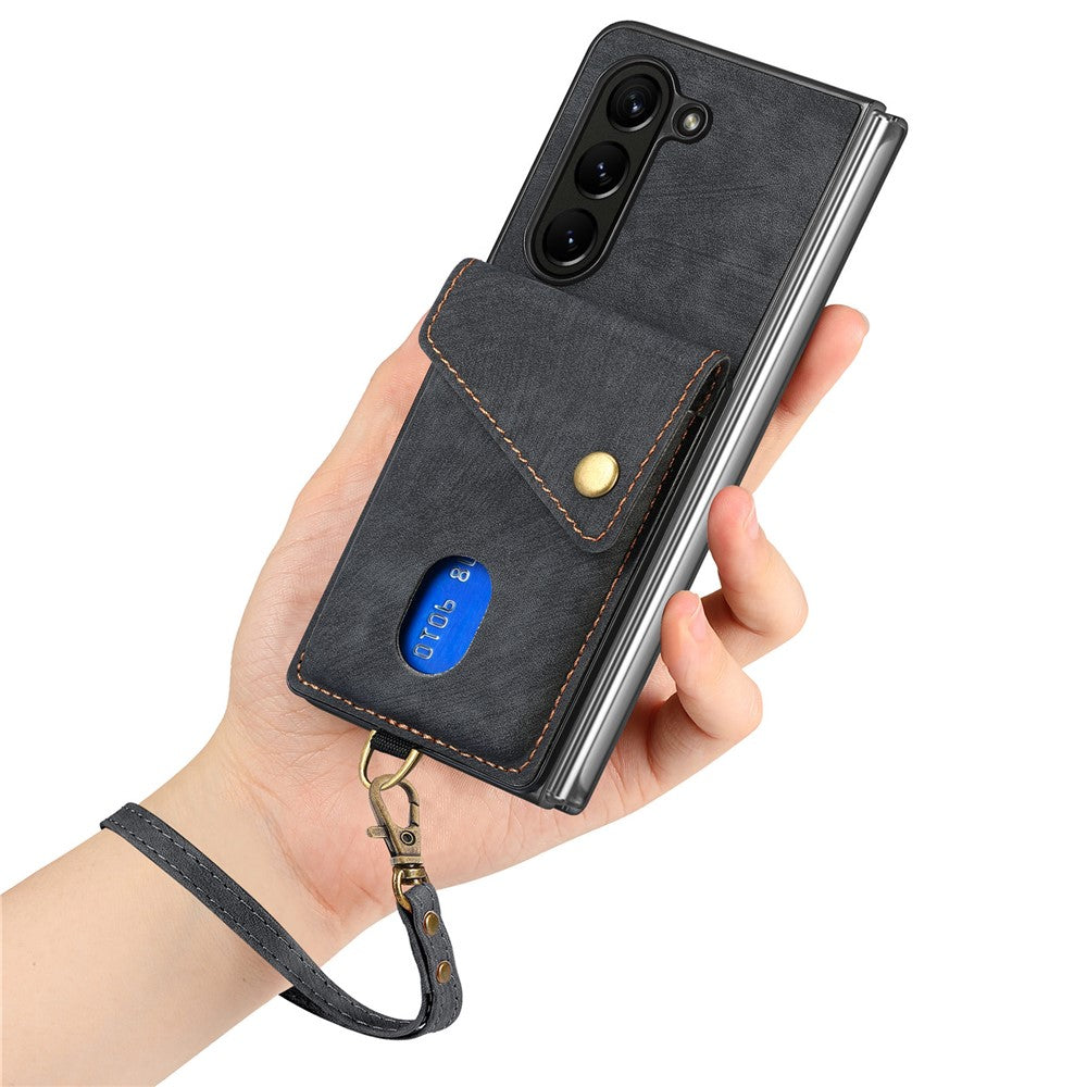 Til Samsung Galaxy Z Fold6 5G Etui Kickstand Korttaske Læder+PC Telefoncover med Rem
