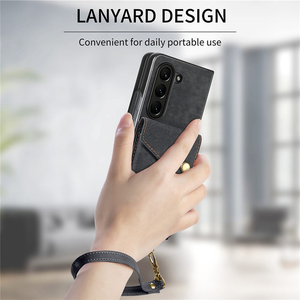 Til Samsung Galaxy Z Fold6 5G Etui Kickstand Korttaske Læder+PC Telefoncover med Rem