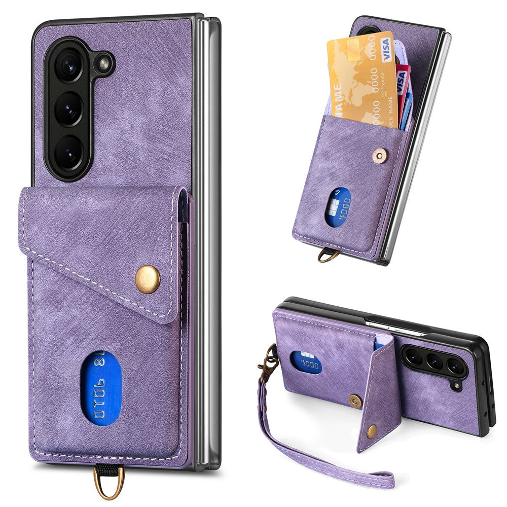 Til Samsung Galaxy Z Fold6 5G Etui Kickstand Korttaske Læder+PC Telefoncover med Rem