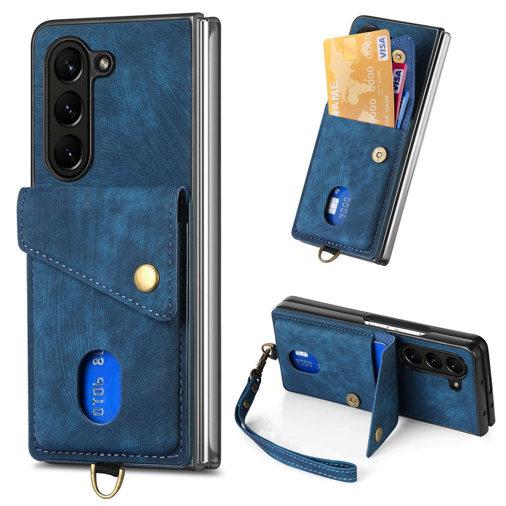 Til Samsung Galaxy Z Fold6 5G Etui Kickstand Korttaske Læder+PC Telefoncover med Rem